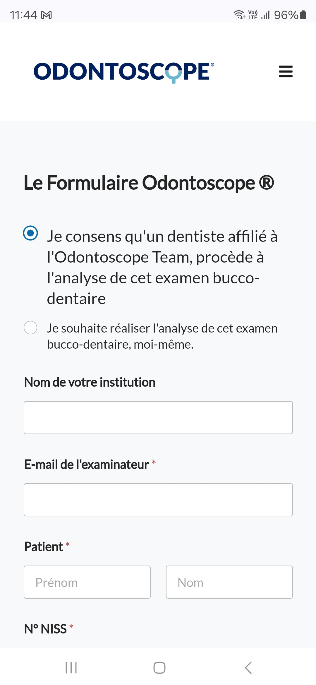 Formulaire en ligne Odontoscope